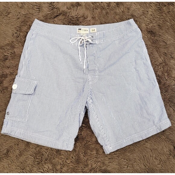J. Crew Men's 32 Seersucker Board Shorts Swim Trunks Blue White Stripe Beach - Picture 1 of 5
